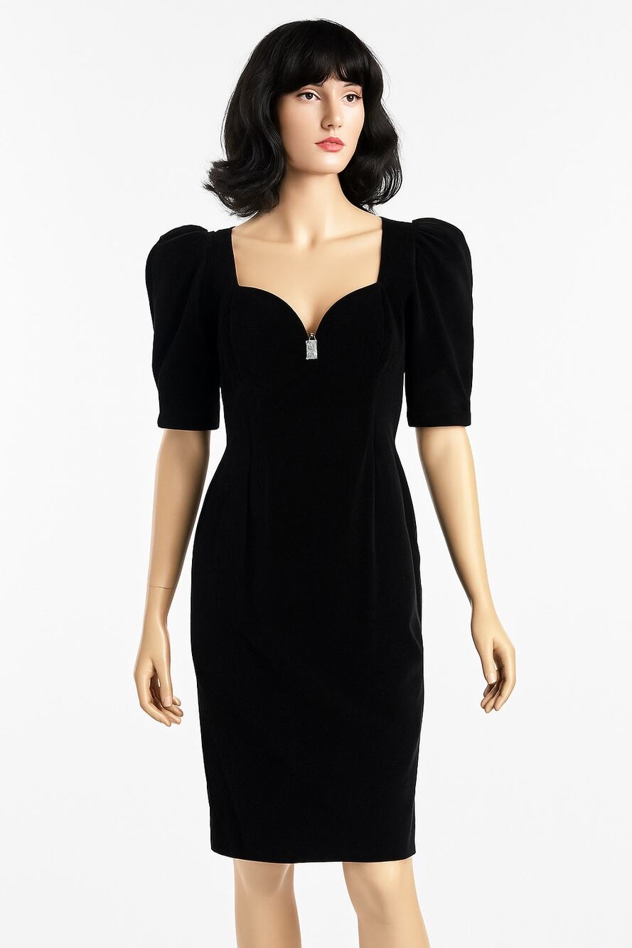 1980s Cachet by Bari Protas Black Velvet Sweetheart puffy sleeve Dress medium